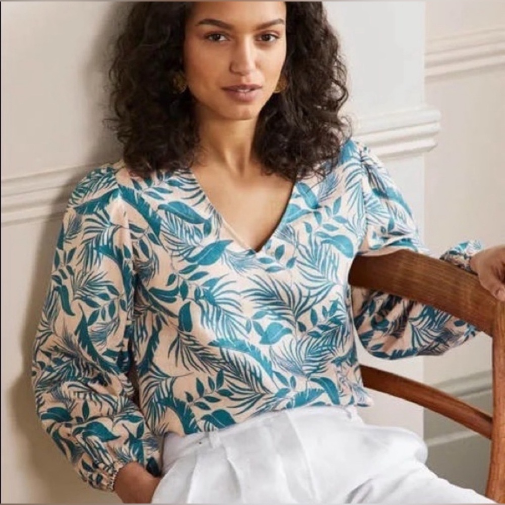 Boden Blue and Cream Leaf Print Blouse